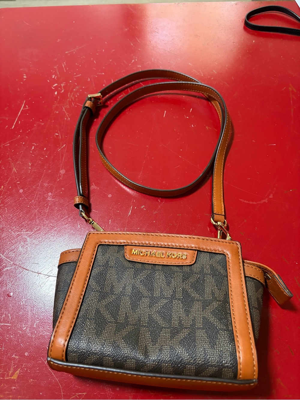 Michael Kors Brown Logo Crossbody with Tan Trim